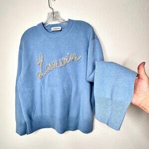 Lanvin Girls Pearl Logo Cashmere Sweater Baby Blue Size 12